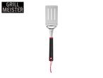 A stainless steel spatula with a black handle and red accents, featuring a bottle opener and the text 'GRILL MEISTER'.