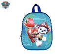 Blue children's backpack with a red dinosaur and a white dog in a firefighter helmet.