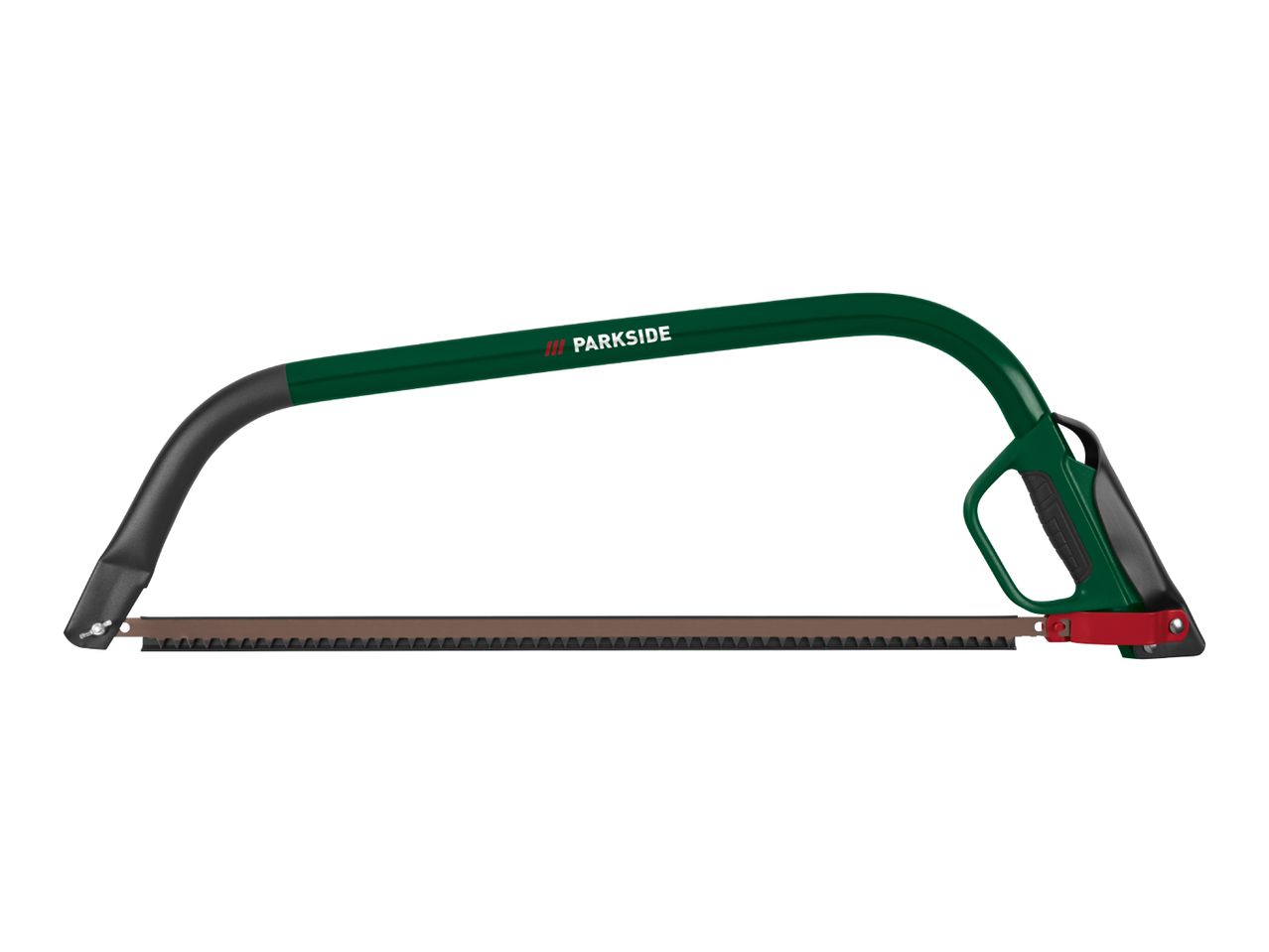 Green bow saw with a brown blade and a black handle.