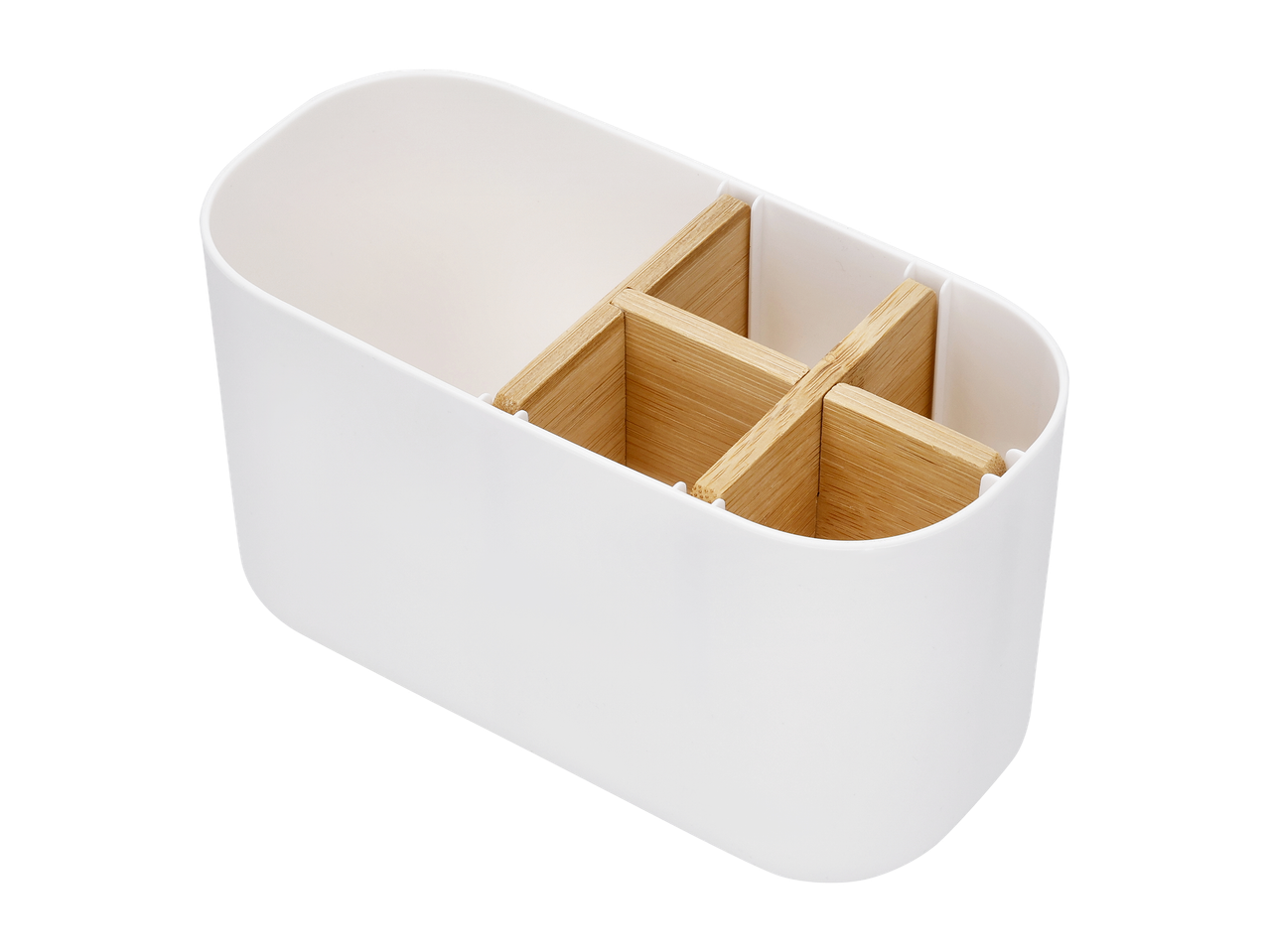 Bijeli organizator s drvenim pregradama za ladice ili stol.