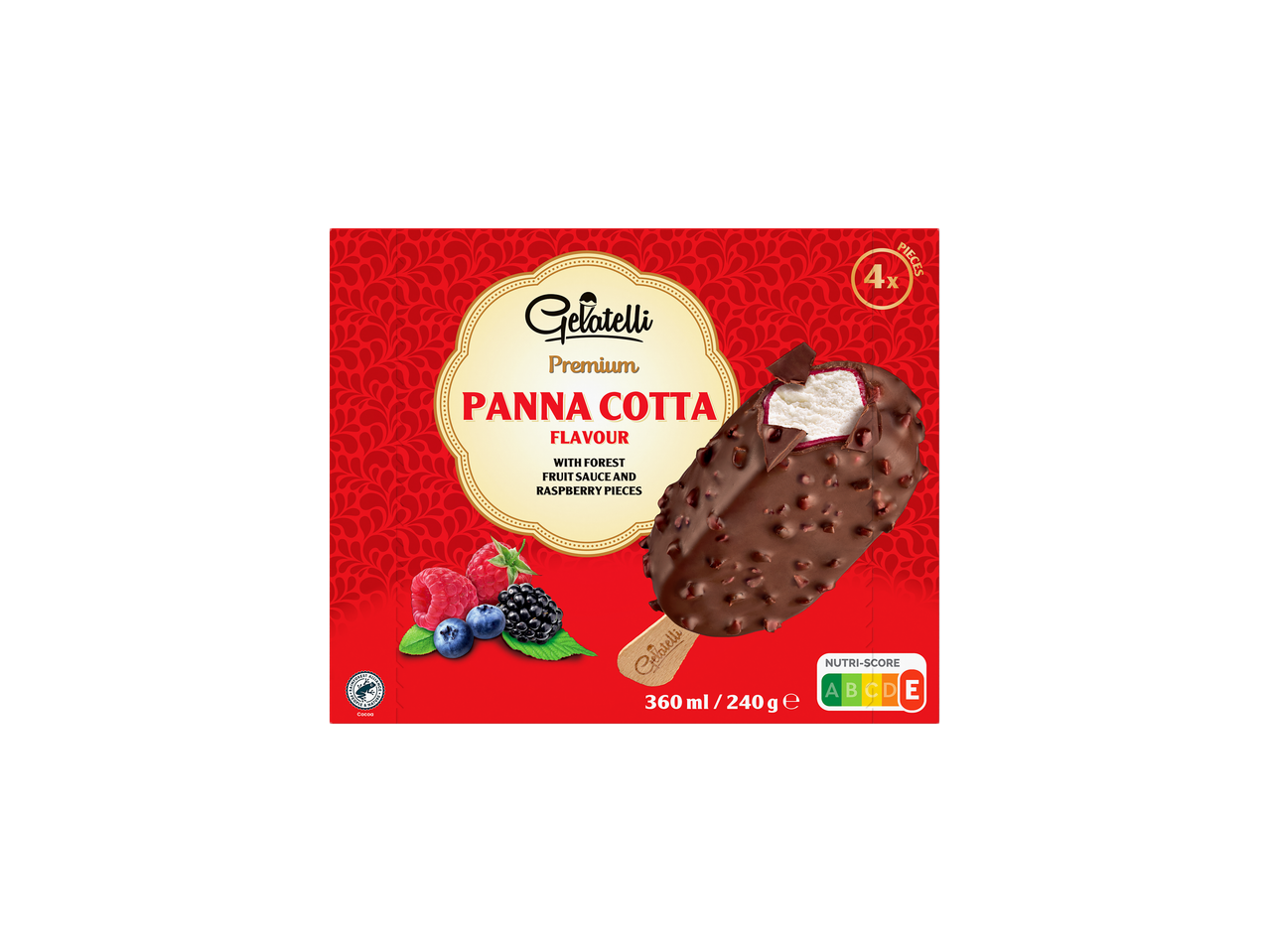 Gelatelli prémium Panna Cotta fagylalt nyalókák, 4 db, erdei gyümölcsös szósszal és málna darabokkal.