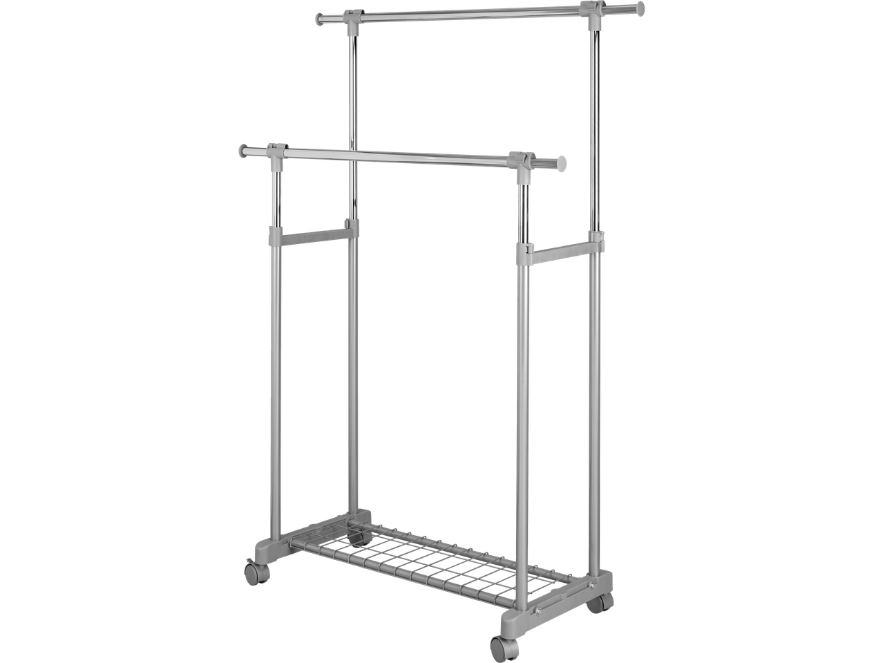 LIVARNO Suport haine: Sidabrinė, dviguba drabužių kabykla ant ratukų su apatine lentyna.