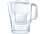 Brita water filter jug with a white lid and a clear body, filled with water.