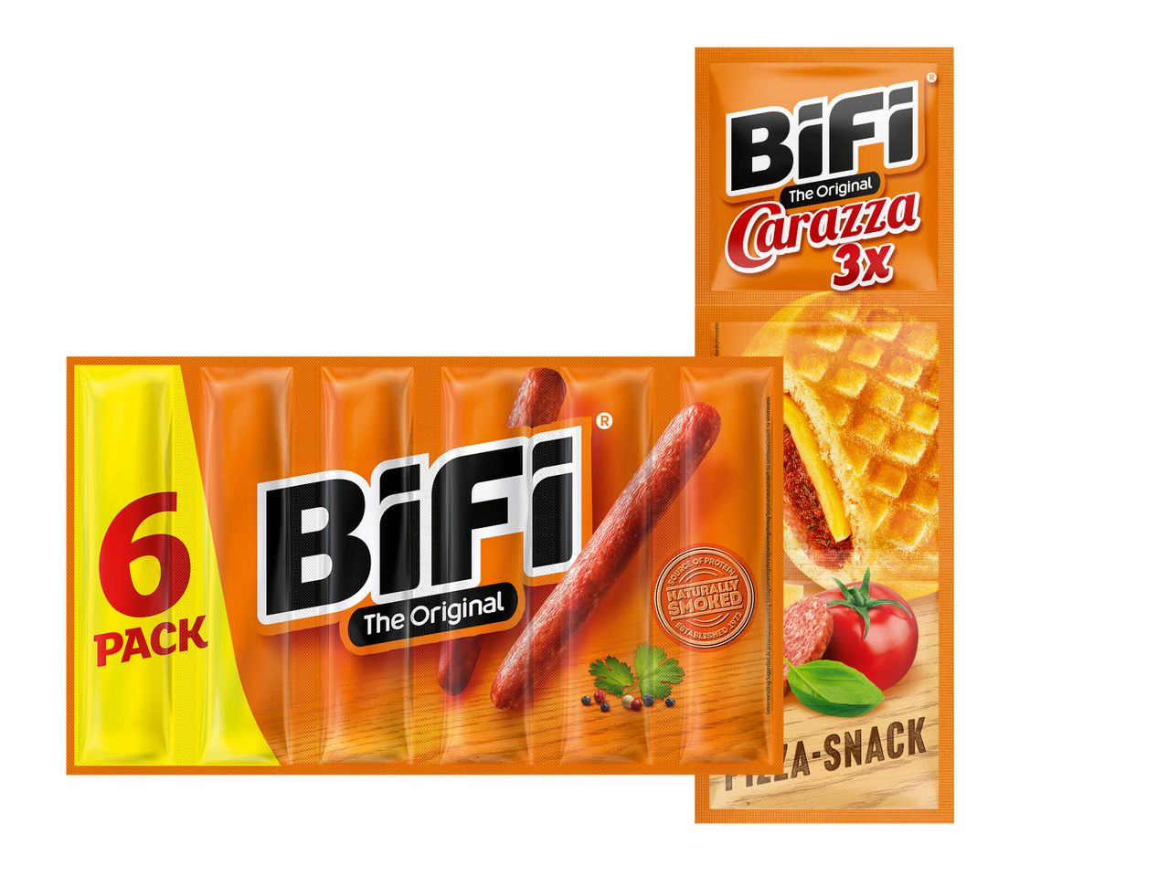 Bifi Carazza 3x und eine 6er Packung Bifi Original-Würstchen.