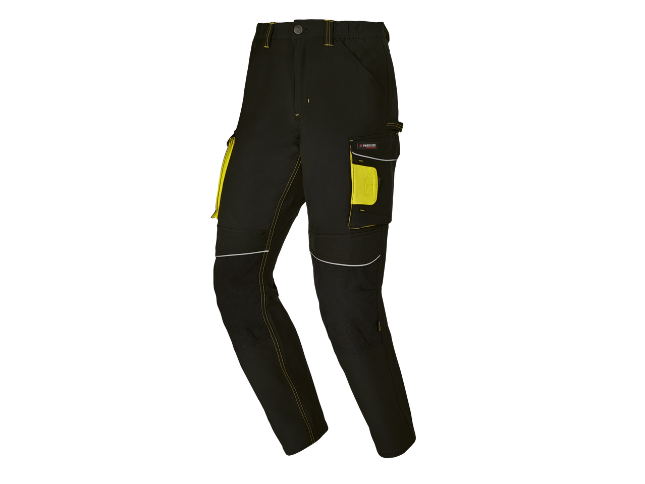 Parkside Performance® vyriškos „Stretch“ darbinės kelnės, juodos su geltonomis detalėmis ir šviesą atspindinčiomis juostomis.