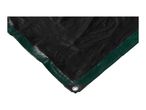 Close-up of a black tarp with a dark green border and a metal grommet in the corner.