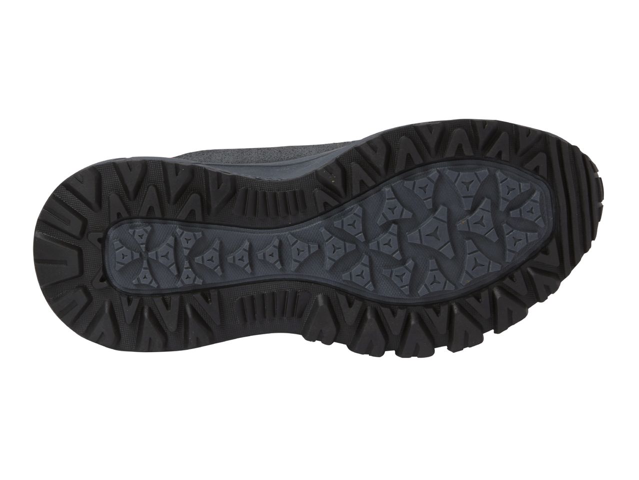 Bottom view of a black hiking shoe with a textured sole.
