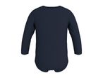 Dark blue long-sleeved baby bodysuit, back view