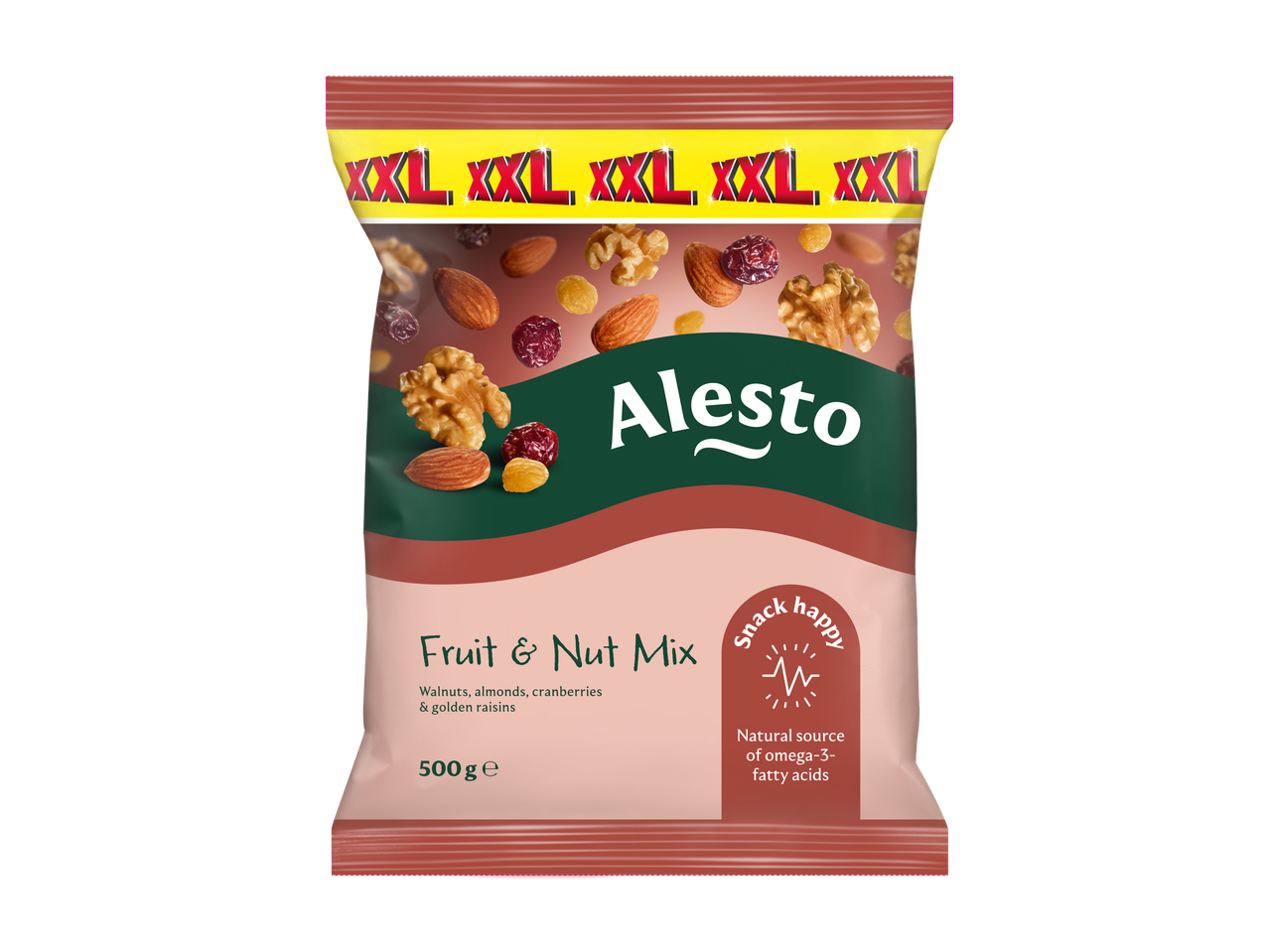 Alesto Fruit & Nut Mix van 500g met walnoten, amandelen, cranberries en rozijnen.