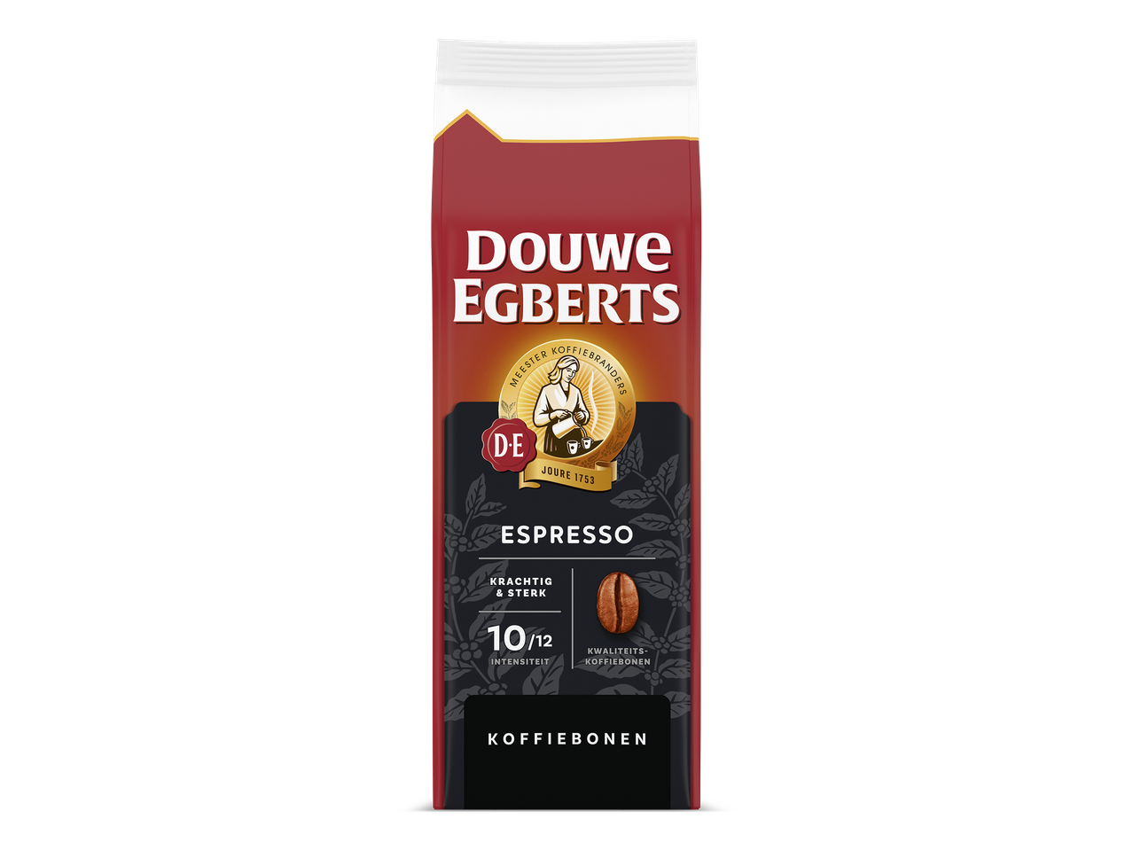 Een zak espresso koffiebonen met een intensiteit van 10/12, krachtig en sterk.