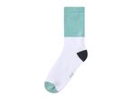 White sock with a mint green cuff and toe, and a black heel.