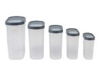 Set of five translucent plastic storage containers with gray lids.