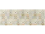 Passadeira de cozinha LIVARNO com padrão de azulejos geométricos e florais em tons de castanho, cinzento e bege.