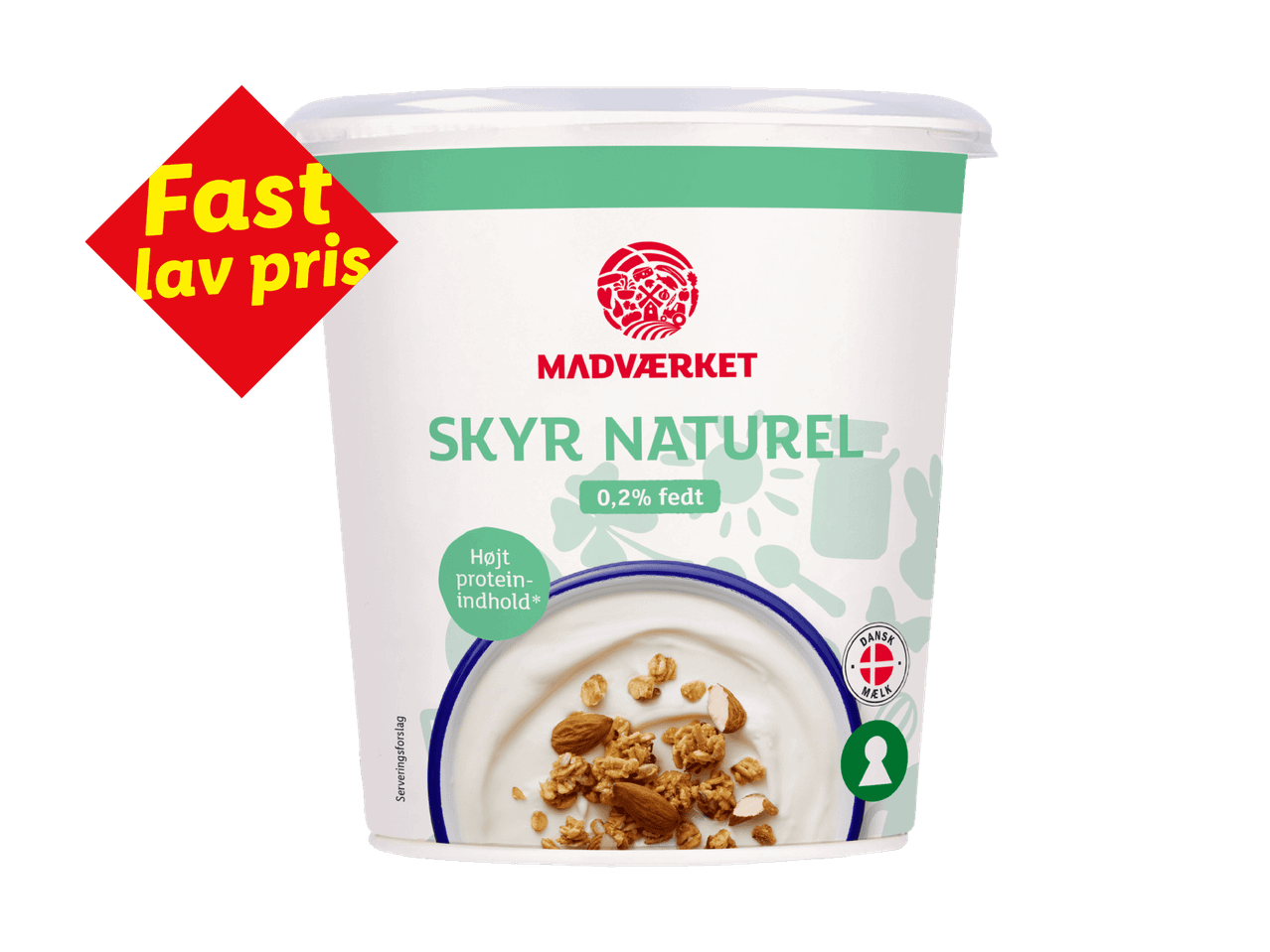 Bæger med skyr naturel med 0,2% fedt og højt proteinindhold, med et rødt skilt der siger 'Fast lav pris'.