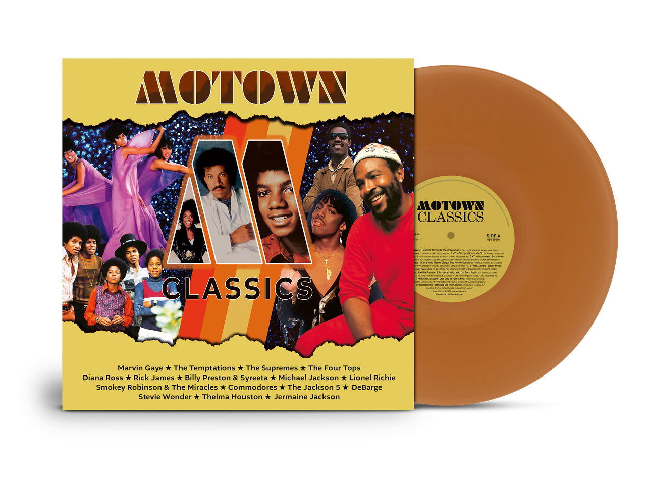 Motown Classics vinylplaat met artiesten zoals Marvin Gaye, The Temptations en Michael Jackson.