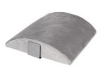 Gray lumbar support pillow with a strap on a white background.