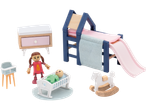Lupilu wooden doll's house furniture set with bed, slide, dresser, high chair, and dolls.