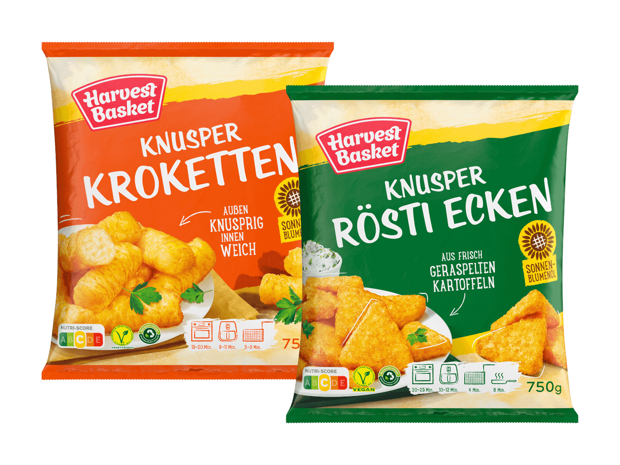 Harvest Basket Packungen mit knusprigen Kroketten und Rösti.