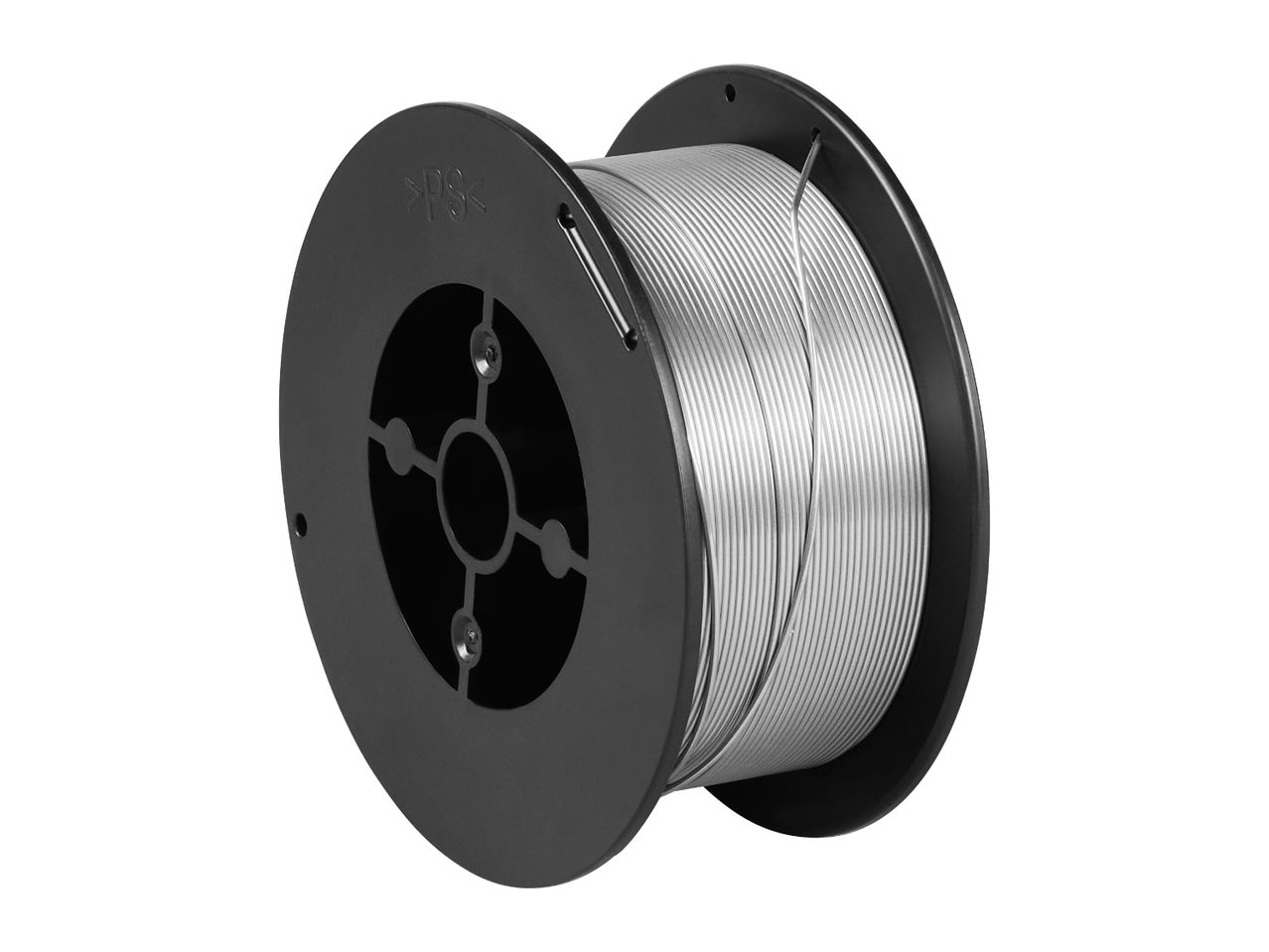 A spool of silver-colored welding wire sits on a black plastic reel.