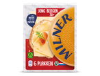 Jonge kaasplakken met een vegetarisch keurmerk en voedingsinformatie.