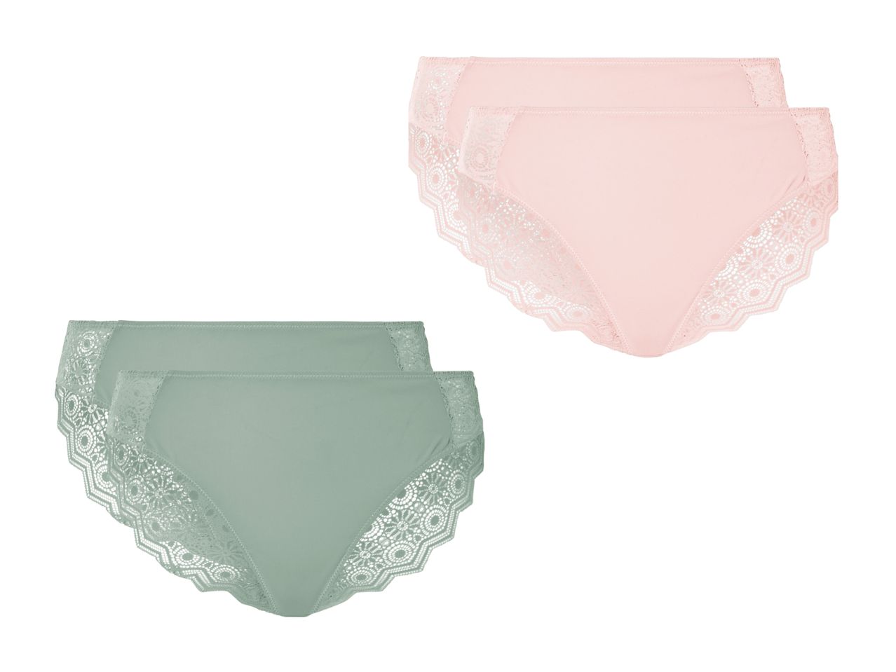 Zwei Pakete Damen-Unterwäsche: rosa und grün, mit Spitze.