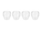 Four clear double-walled glass cups arranged in a row.