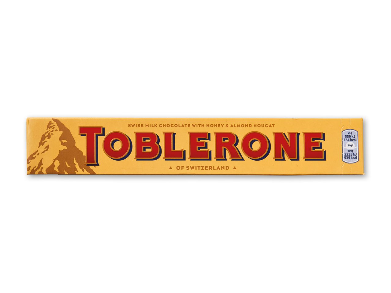 Mælkechokoladebar med honning- og mandelnougat, med ernæringsoplysninger.