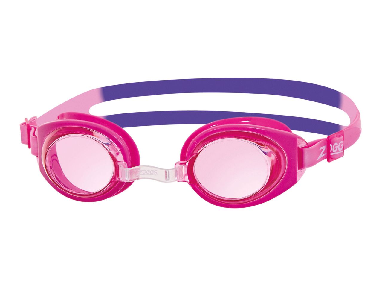 Pink Zoggs swimming goggles with purple strap.