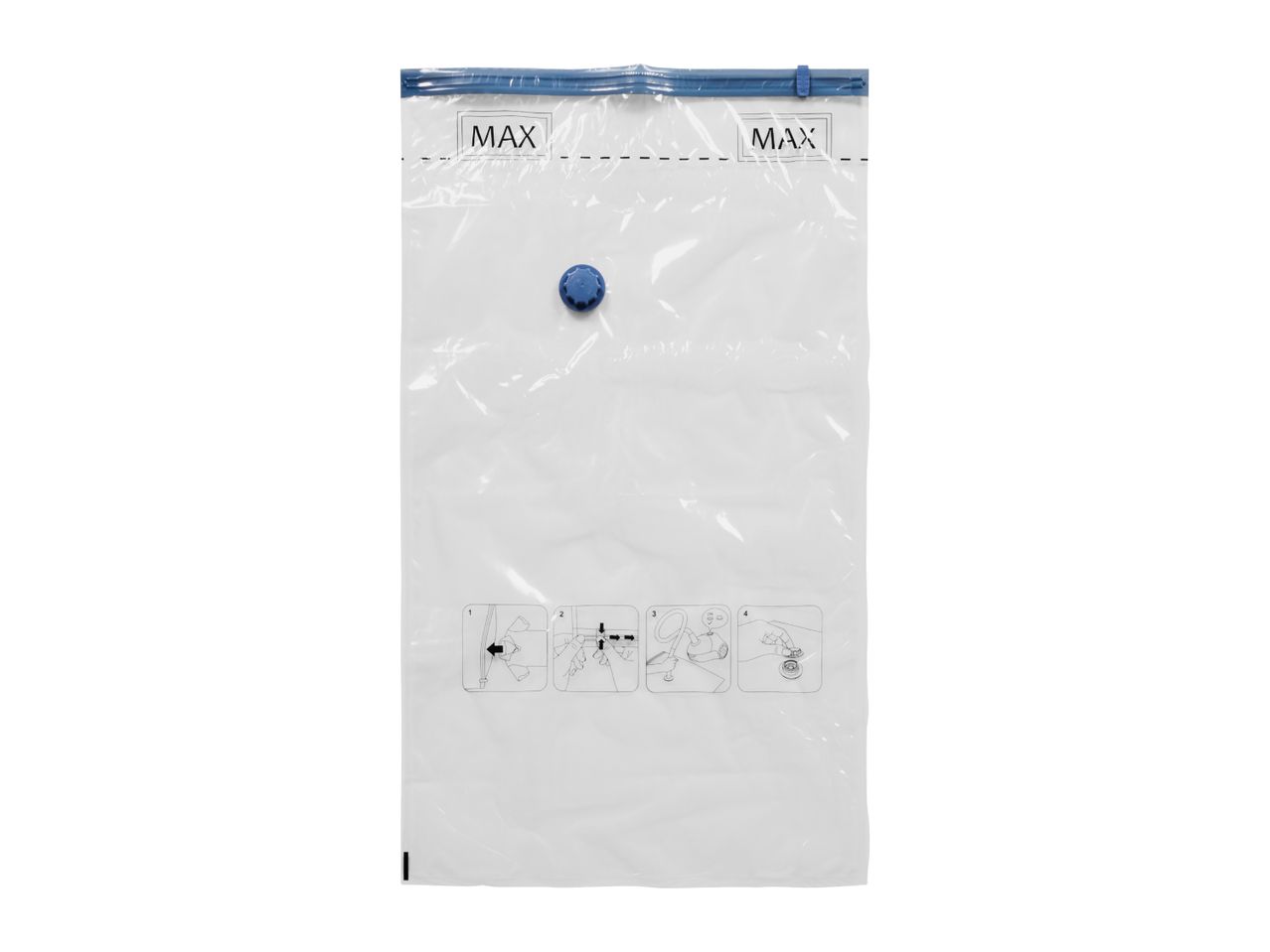 Clear vacuum storage bag with a blue cap and instructions for use.