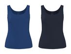 To ensfarvede tanktoppe, en blå og en mørkeblå, med et mærke i nakken.