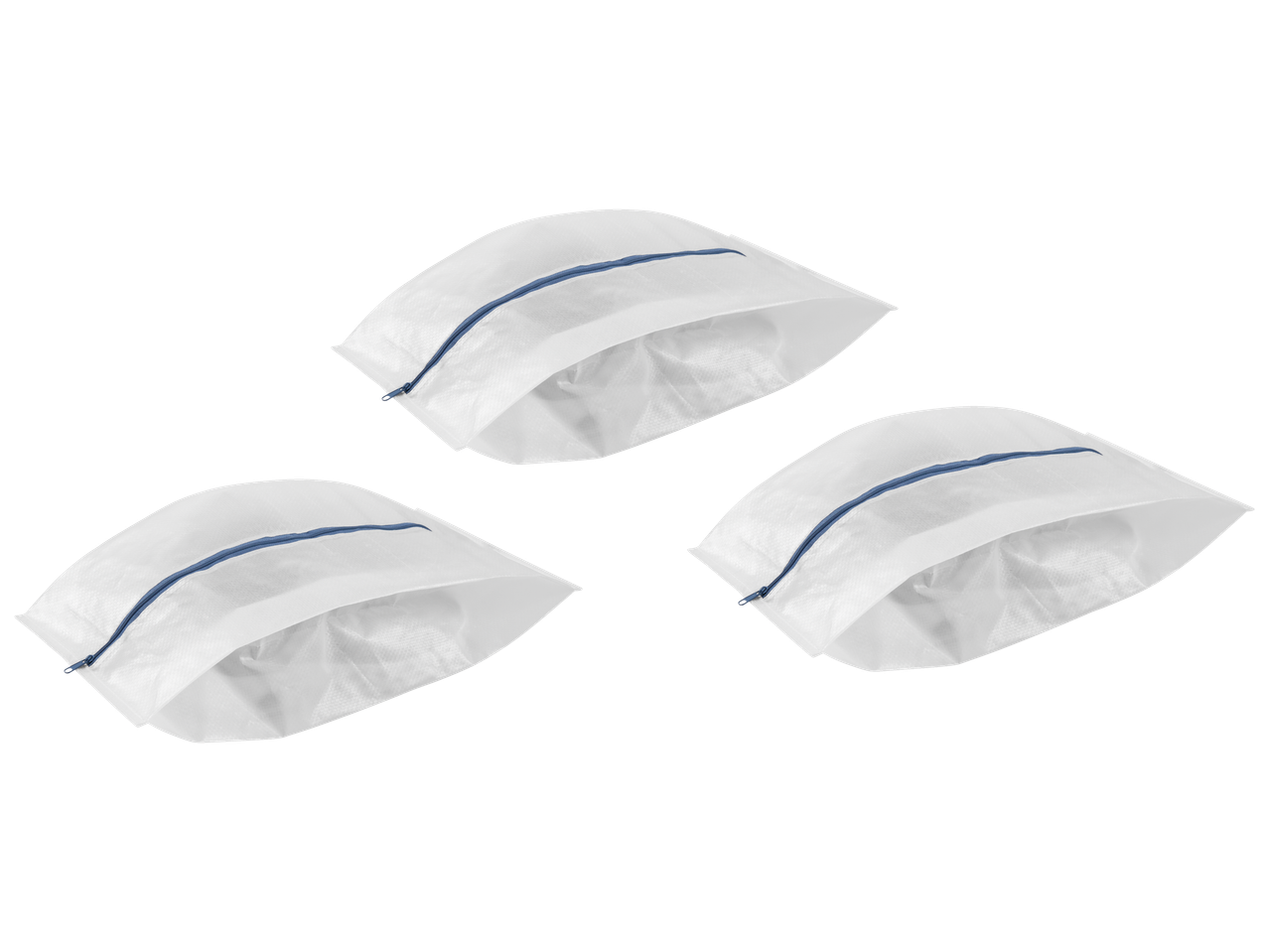 Trei saci de depozitare W5 albi cu fermoare albastre.