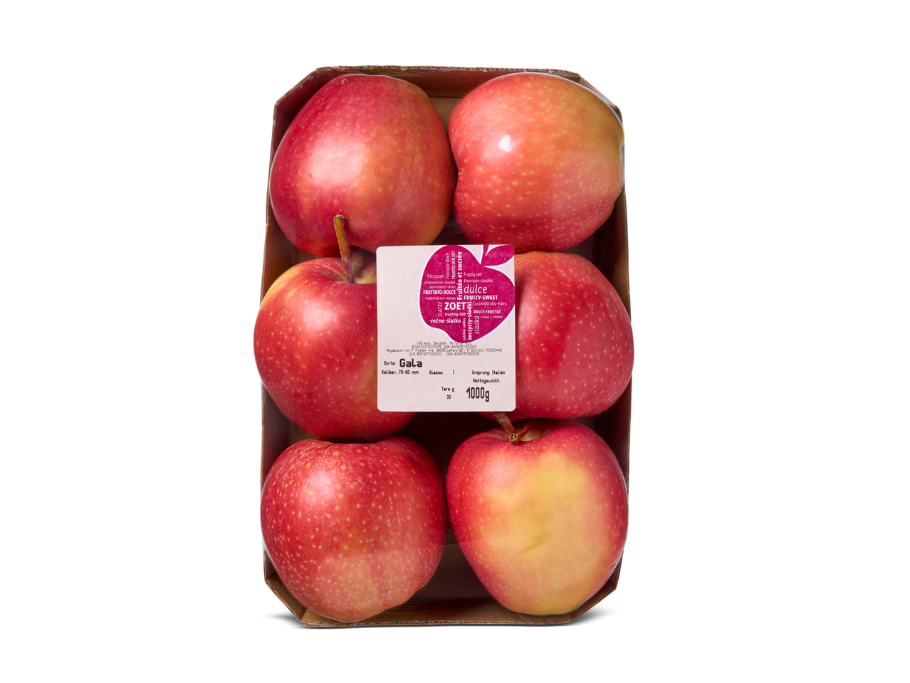 Zes rode Gala appels in een kartonnen verpakking, met een etiket dat de soort, herkomst en het gewicht aangeeft.