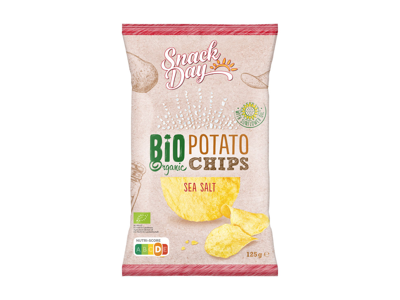 Zak biologische aardappelchips met zeezout, 125g, Nutri-Score D.