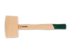Ein Holzhammer der Marke Parkside mit einem grünen Griffende, auf dem „BEECH“ steht.