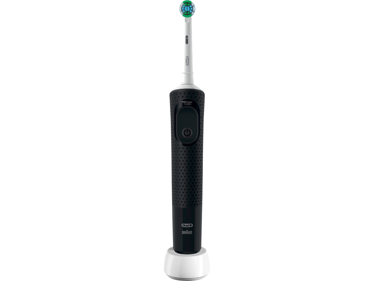 Svart Oral-B eltandborste med grönt borsthuvud på en vit laddningsstation.