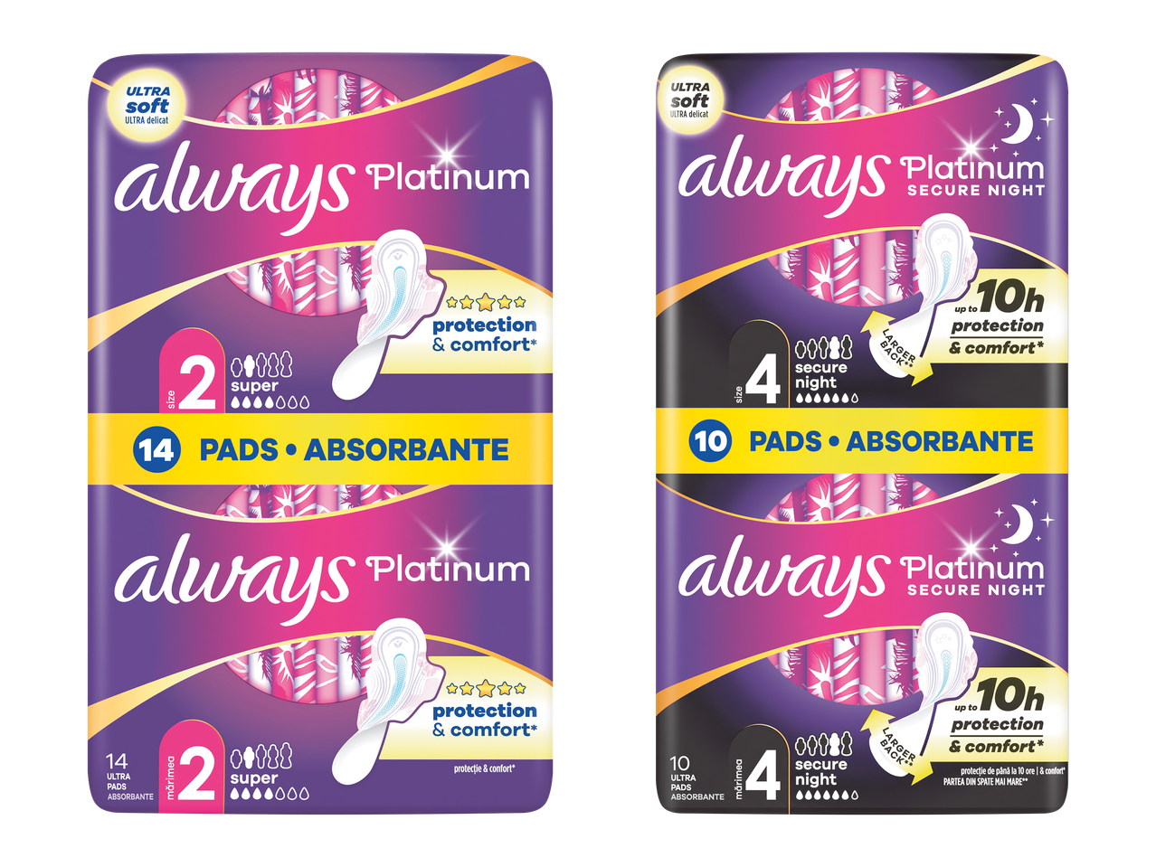 Două pachete de absorbante, unul pentru zi cu 14 bucăți și unul pentru noapte cu 10 bucăți.