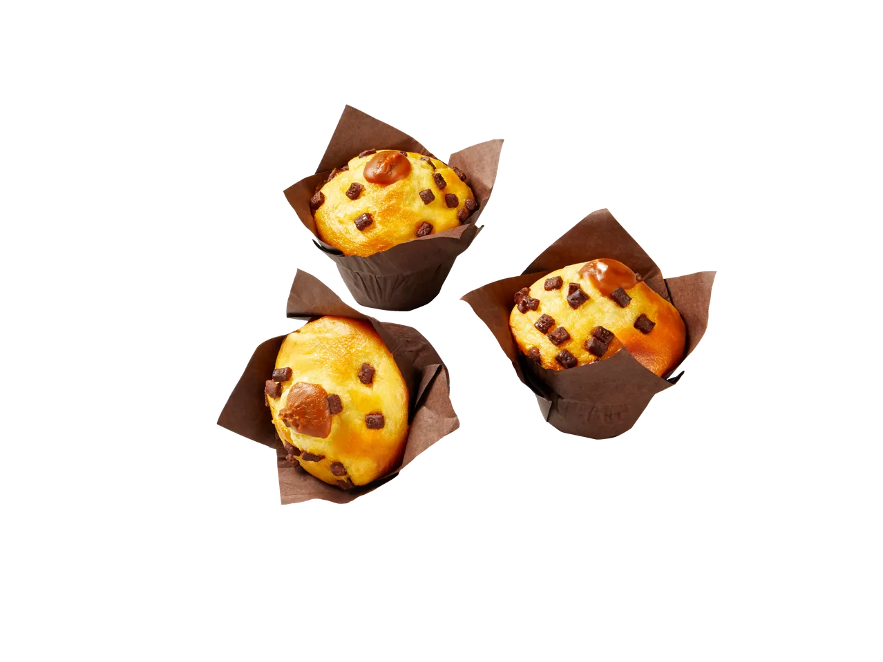 Drie chocolade-karamel muffins.