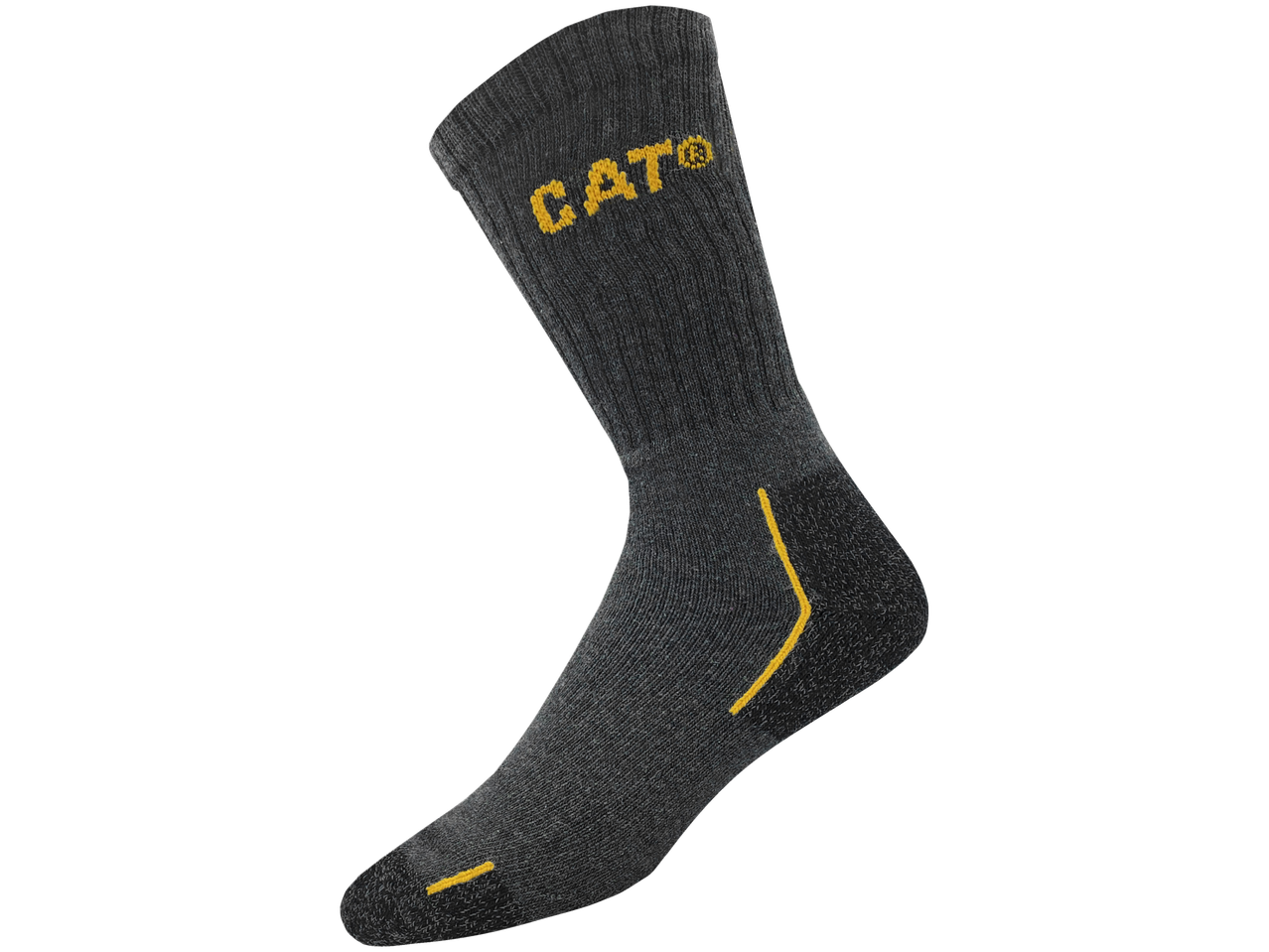 A single dark grey Caterpillar sock with yellow accents.