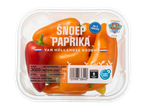 Een bakje oranje en rode snackpaprika's met de tekst 'Snoep Paprika' en 'Om te snacken'.