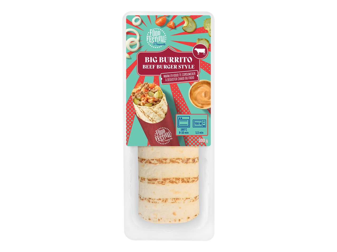 Burrito de bœuf style burger, prêt à consommer chaud ou froid, 300g.