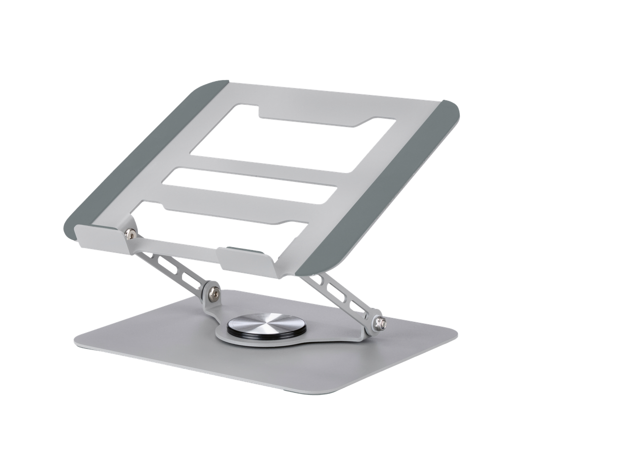 Reguliuojamas sidabrinis nešiojamojo kompiuterio stovas su pasukamu pagrindu juodame fone.