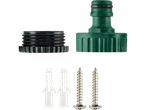 Um conjunto de conectores para mangueira de jardim com parafusos e buchas.