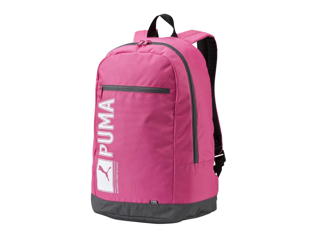 Rožinė PUMA kuprinė su baltu logotipu ir pilkomis detalėmis.