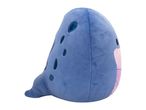 A blue plush narwhal toy with pink accents and sparkly blue eyes.