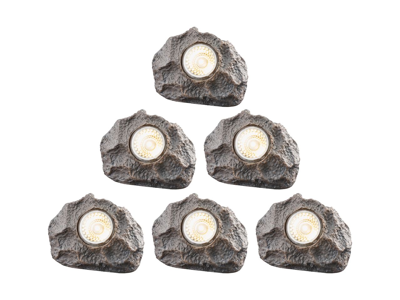 Six rock-shaped outdoor lights arranged in a pyramid formation.