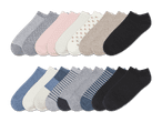 Zwei Reihen von Damensocken in verschiedenen Farben und Mustern.