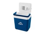 Open blue and white electric cool box with a fan and cooling element visible in the lid.