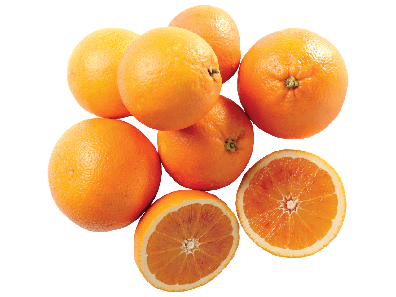 A pile of fresh, ripe oranges, with two cut in half to show the juicy interior.