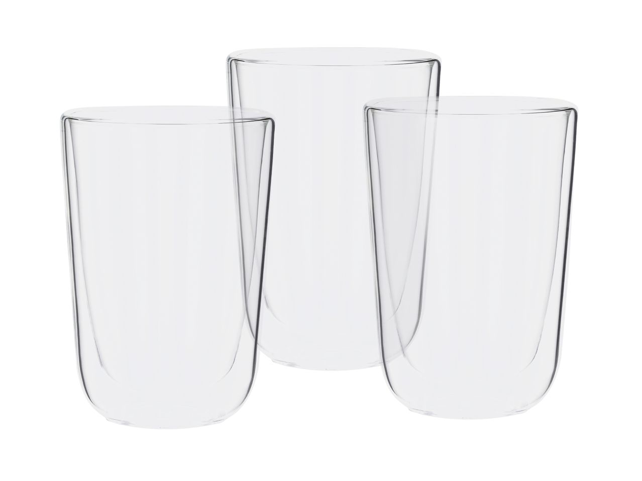 Tre gennemsigtige, dobbeltvæggede glas i forskellige størrelser på hvid baggrund.