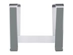 Silver laptop stand with a minimalist design, featuring two vertical supports and a horizontal bar.